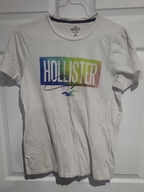 Hollister White Short Sleeve Tee with Rainbow Block Logo